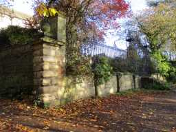Oblique view of right side pier, wall and steps of Tanfield Hall November 2016